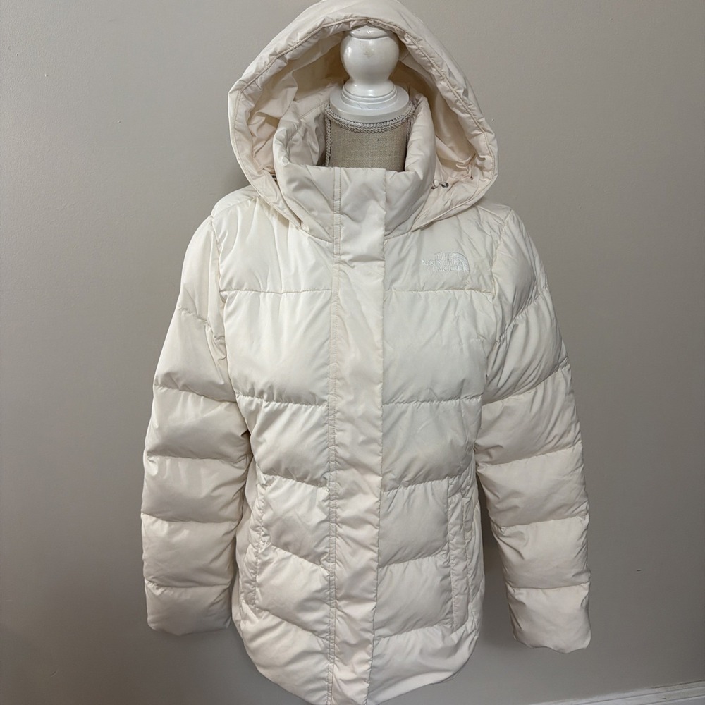 The North Face Womens Large Down Jacket Cream Color With Hood